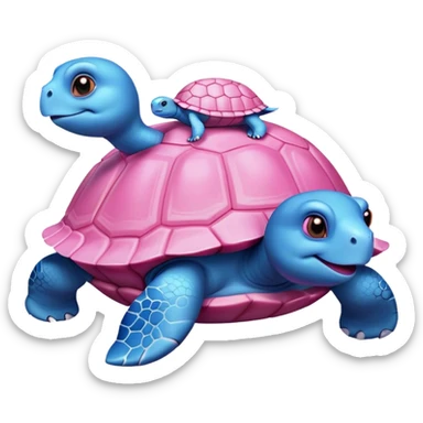 A blue turtle on top of a pink turtle sticker