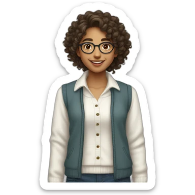 smiling indian teenage girl with curly hair and glasses wearing a collared long sleeve white shirt under a white sweatervest sticker