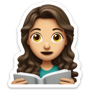 brunette long wavy hair woman shocked face while holding and reading book sticker