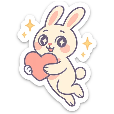 full-body milky white bunny with sparkling eyes, holding a big heart, sparkles floating around, dreamy pose, pastel toon style sticker