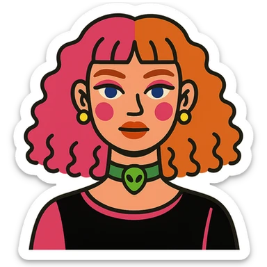 girl with blue eyes, pink makeup, narrow eyebrows, earrings, green alien head choker, black and pink blouse, curly hair to shoulders, hair half hot pink and half ginger, short straight baby bangs sticker