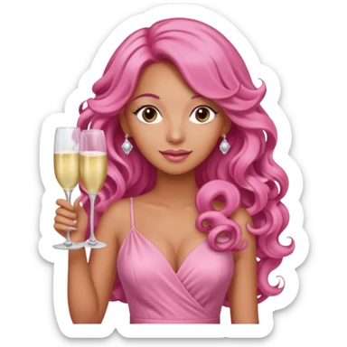 One lady with long pink curled hair and tan skin holding two pink champagne glasses sticker