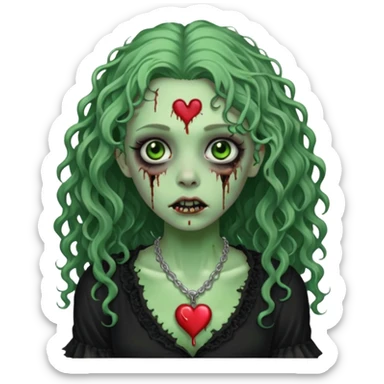 a green zombie girl with a scar on her face, long curly hair, wearing a black blouse and a silver necklace with a heart pendant. sticker