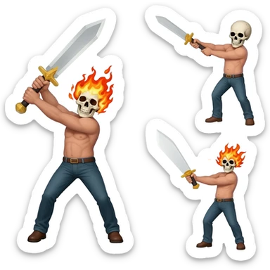A sprite sheet of a man with a burning skull head, show the 4 stages of him swinging his large sword sticker