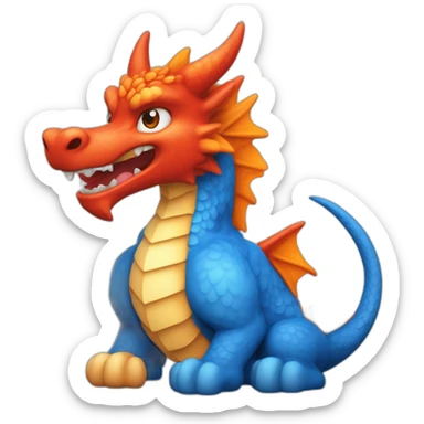 Un dragon mi loup de couleur rouge, bleu, blanc et orange moutardes, avec des corne orange moutard. Il qui crache du feux sticker