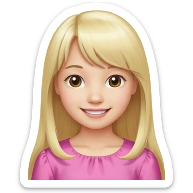 Menina branca de cabelo loiro longo de franja na testa sorrindo blusa rosa sticker