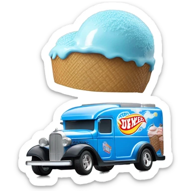 Hot wheels style, ice cream truck from 1934 with wide chrome mag wheels, blue, no ice cream on top of truck, open selling window.  sticker