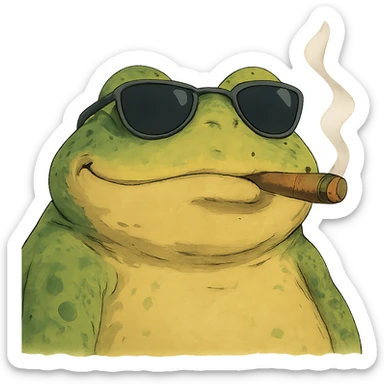 highly detailed frog wearing ray bans, looking very satisfied, smoking a cigar, in ghibli style sticker
