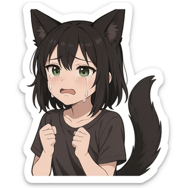 A girl with tears, black fox ears, and a tail, green eyes, dark hair sticker