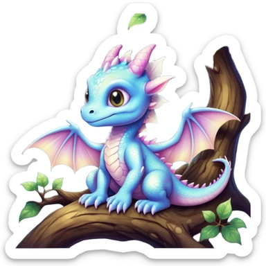 Airbrush painted image of an adorable little baby dragon with large glistening eyes sitting beside a tree under a deep galactic sky with pearlescent scales and wings spread against the stars sticker