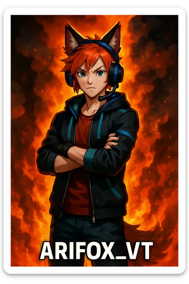 THE TWITCH AND YOUTUBE CHARACTER "ARIFOX_VT" STANDING IN FRONT OF SMOKE AND FIRE sticker