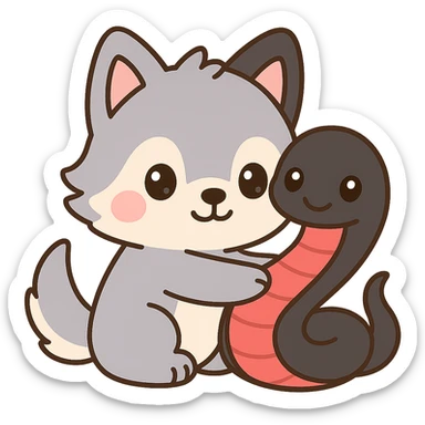 Make the snake larger, with a black body and red underbelly. The snake should be hugging the wolf back. Keep the kawaii style and ensure the background remains transparent. sticker