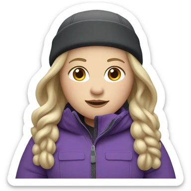 Chubby female long blonde hair skier with purpley-grey jacket and black pants showing whole body. sticker