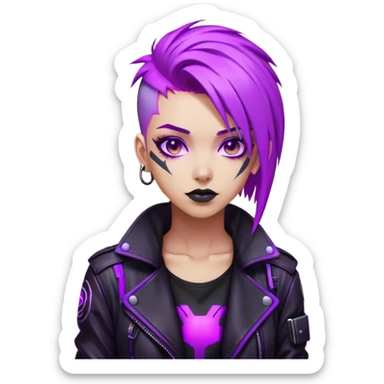 A cyberpunk hacker with neon purple hair, black leather jacket, and glowing screens. sticker