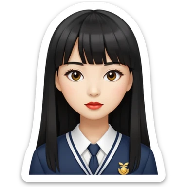 chic woman with Asian skin, black long straight bangs, wearing a school uniform, and makeup sticker