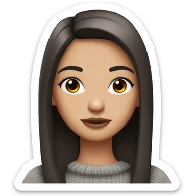 the girl has fair skin, dark straight hair, sweater, brown eyes, pink lips, long eyelashes sticker