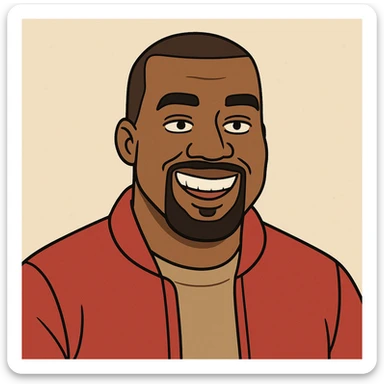 cartoon style portrait of Kanye West, wearing a red jacket, smiling sticker