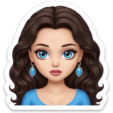 pretty bratz baddie, long dark brown wavy hair, pretty makeup, long lashes, pretty blue eyes sticker