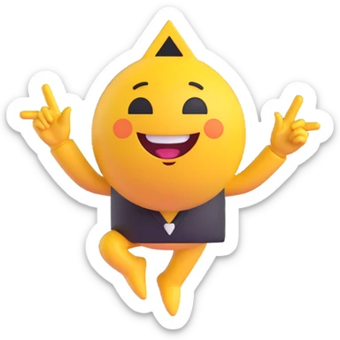 A 2D cartoon-style yellow emoji with a mischievous smile, triangle-shaped eyes, and both hands pointing upward with index fingers.  clean digital style, and a fun, dancing expression. Style similar to children’s drawing tutorials, dancing expression. No background, isolated on white.  sticker