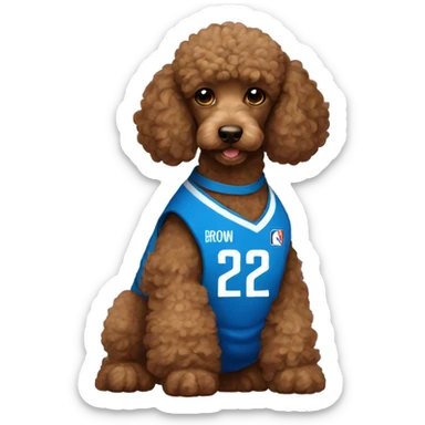 Brown poodle puppy with blue basketball jersey sticker