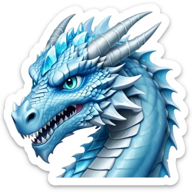 Cinematic Noble Fierce Ice Dragon Portrait Emoji, Poised and imposing, with a muscular, scaled body shimmering in glacial hues of icy blue, frostbitten silver, and crystalline white, and piercing, glowing eyes that radiate the chilling depths of an arctic storm; rendered in detail. sticker