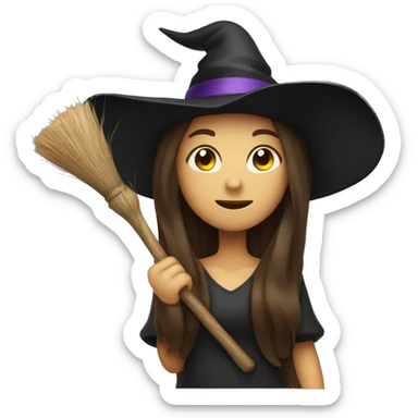 Witch with long brunette hair hat and and broom sticker