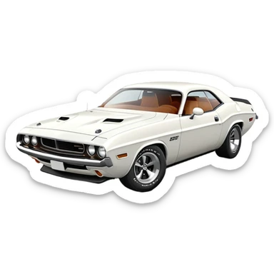 Elegant white 1971 Dodge Challenger muscle car, precise 30-degree perspective view, showing detailed front fascia and profile, clean lines, completely white exterior, iOS emoji style sticker