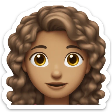 O rosto de uma jovem menina branca, de cabelo marrom escuro liso e ondulado, sorrindo, com um laço rosa de emoji na cabeça  sticker