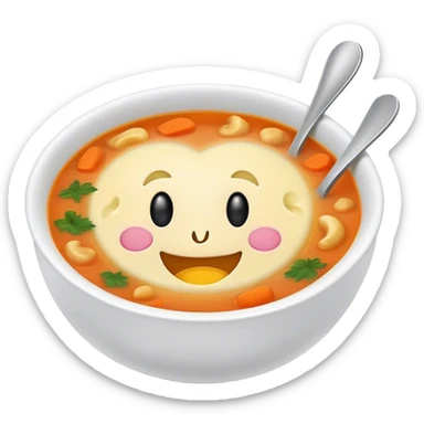 a bowl of soup with a happy face in the soup looking out sticker