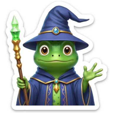 A smart frog in a hat and robes holds a pointer and with a smart face points out the mistake sticker