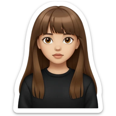Light skinned girl with brown eyes, long brown hair with bangs, wearing a black sweatshirt sticker