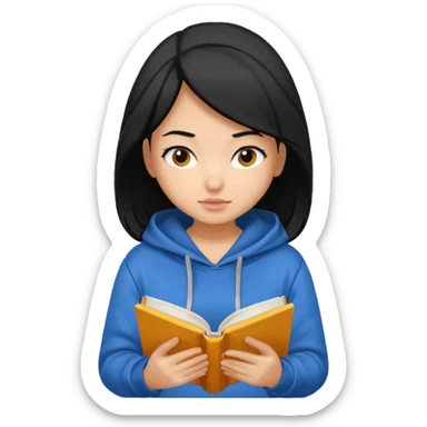 I want a girl emoji black hair and medium skin tone reading book wearing hoddie sticker