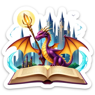 Icon for Fantasy and Science Fiction: a magical book with glowing pages, surrounded by a dragon, a spaceship, a wizard’s staff, and a futuristic cityscape. The icon should capture the adventure, magic, and imagination of fantasy and sci-fi worlds. Transparent background. sticker