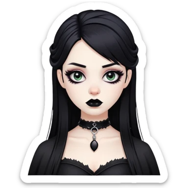 black goth with pale skin, dark makeup, black hair sticker
