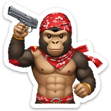 A gorilla holding a gun in the air with a bandana  sticker