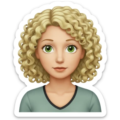 a woman in her late 40s and has greyish greenish eyes and blonde curly hair wearing a grafic top# sticker