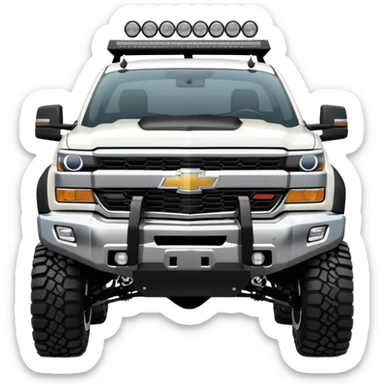  Chevrolet 2500 2022 crew cab. A ferocious truck featuring a vivid white base and black off road front bumper and chrome off road wheels. Emphasize sharp, high-contrast black streaks across the body, creating a look of aggressive, explosive energy. sticker