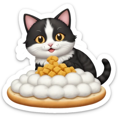 a black and white cat eating a feast on a cloud sticker