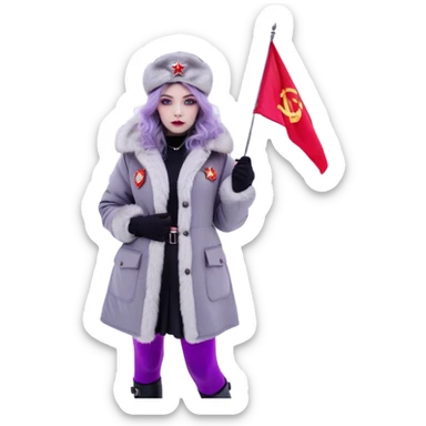 Russian Girl with lavender hair faded black in the bottom + wavy hair
white ushanka +Soviet pin
light grey jacket with light purple fur
grey skirt
dark grey leggings
light grey boots with light purple fur
grey eyes
snow white color skin
holding a Russian flag
is in Moscow Russia sticker