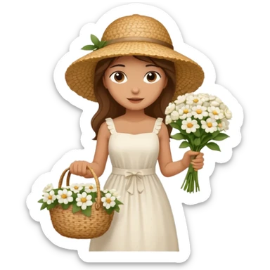 summer beautiful wicker hat, beach beige bag and bouquet of white flowers and girl in Italy white dress sticker