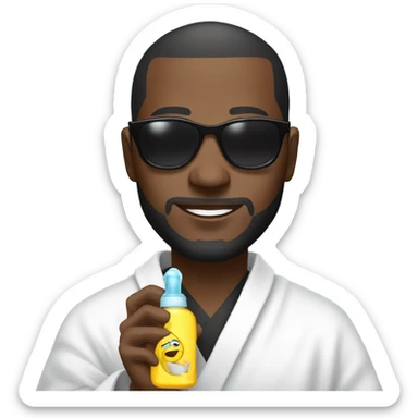 Black man in robe holding a baby and baby oil and he has sunglasses on  sticker