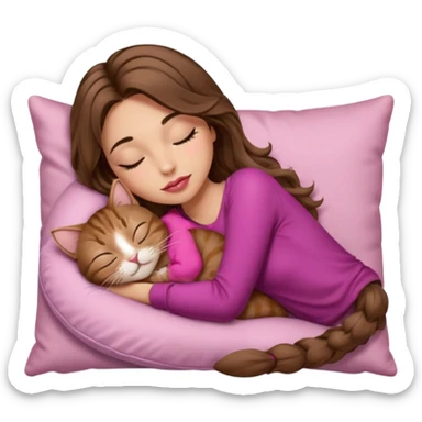 girl with long wavy brown hair, brown eyes, long lashes makeup, sexy pink lips, light to medium complexion,  sleeping on a cozy pillow, with brown tabby cat, sleeping sticker