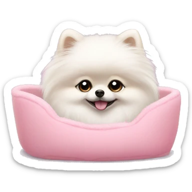 A small white pomeranian with a bow on her head, sitting in a pink furry bed sticker