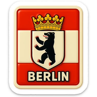 Create an icon for Berlin with a rectangular flag background that is white with red stripes. Center the Berlin coat of arms featuring a bear with a crown. The style should be retro stickers, less cartoonish, and match exactly the same format and proportions as the previous icons for Bayern and Brandenburg. No text included. sticker