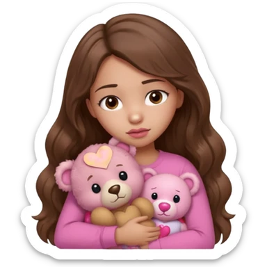 girl with long wavy brown hair, brown eyes, light to medium complexion, in a pink shirt, pink lips, long lashes, sad, hugging squeezing  a teddy bear with hearts sticker