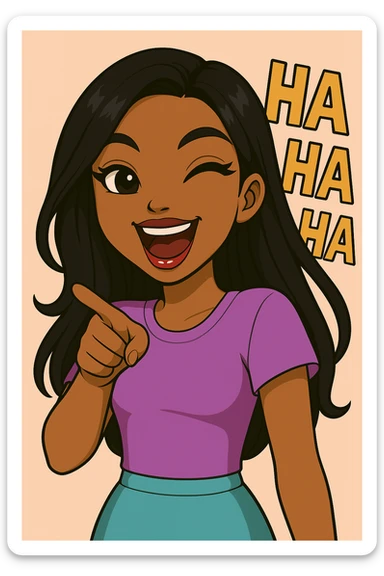 Keep her pointing and laughing with 'ha ha ha' in the background, headshot only, 20-year-old anime Bratz style woman with dark skin, straight hair, more trendy outfit, big expressive eyes, glossy lips, no hat, no tears, happy expression, looking straight ahead. The style should reflect anime Bratz aesthetics with vibrant colors and expressive features. sticker