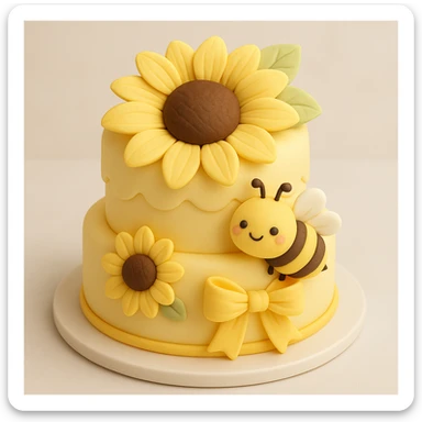Add a cute bee next to the yellow flower in the fondant cake art style, keeping the cake-like appearance and colors consistent with the original image. sticker