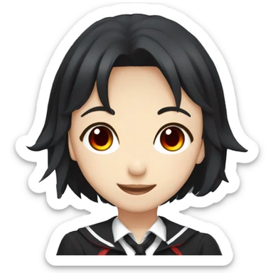 anime girl, short black hair, red eyed, one eyepatch, black school uniform sticker