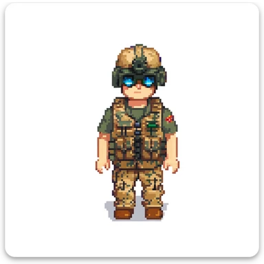 robloxian military man, blocky avatar, desert camo, tactical vest, holding binoculars, plain background sticker