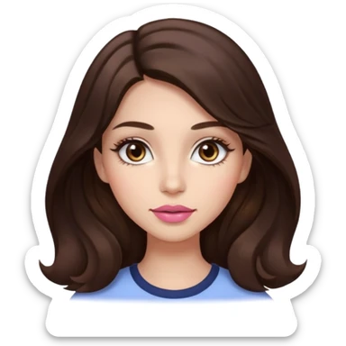 girl with wavy long dark brown hair, brown eyes, light to medium complexion, long lashes, almond shaped eyes, light pink lipstick, square shaped face sticker